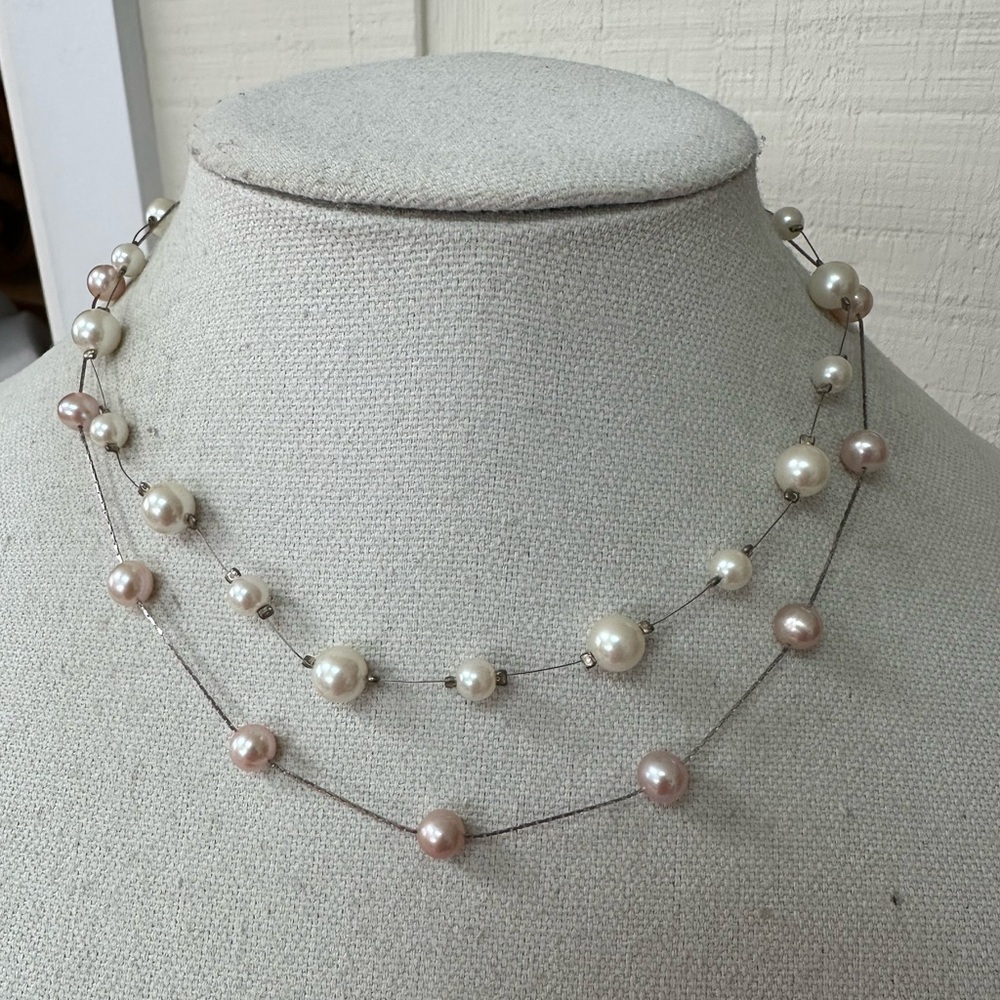 Two pearl bead station style necklaces